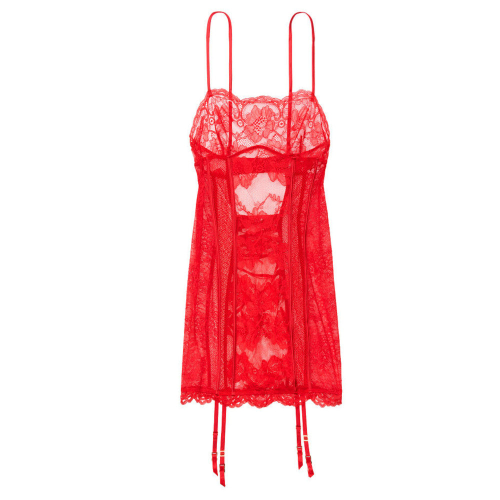 NEW VICTORIA'S SECRET RED MIXED SHEER & LACE MINI SLIP DRESS GARTERS SIZE SMALL - Picture 12 of 13
